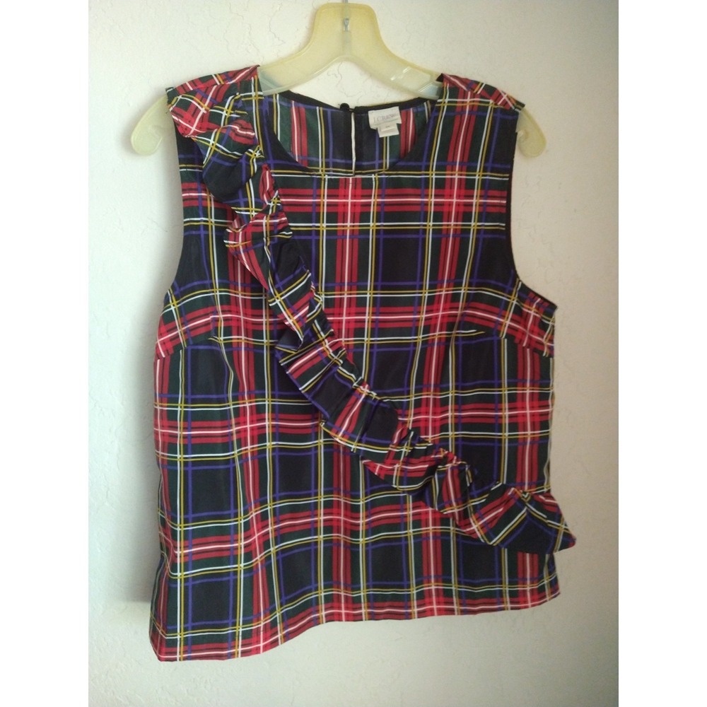 J Crew Christmas plaid silky poly taffeta shell blouse top diagonal ruffle 10